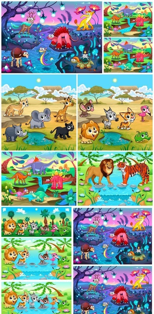 Set of funny wild animals in the nature 9X EPS