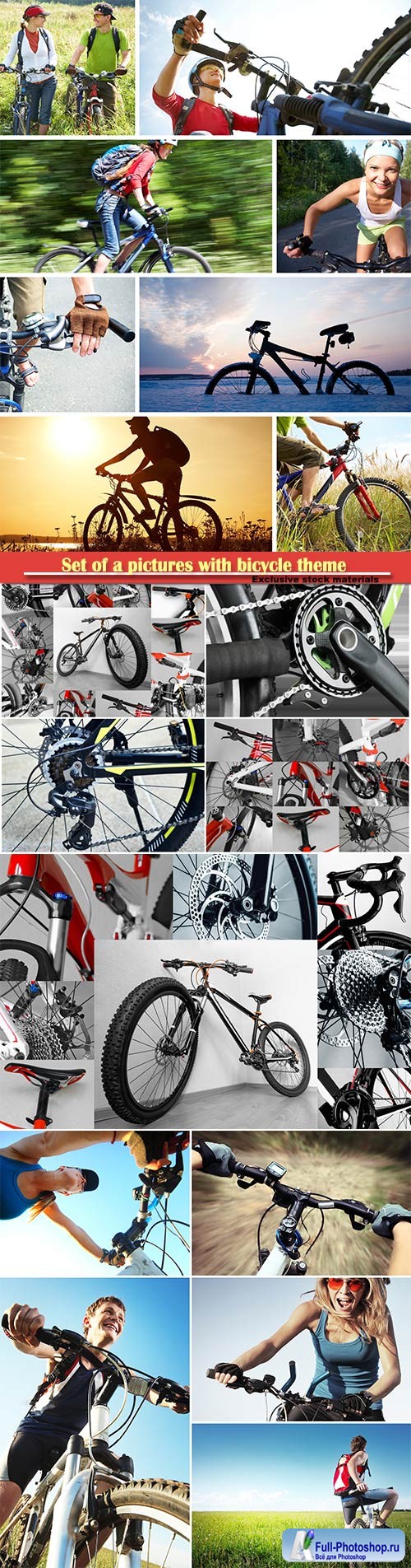 Set of a pictures with bicycle theme, bicycle, wheel, handlebar, saddle, gear, chain