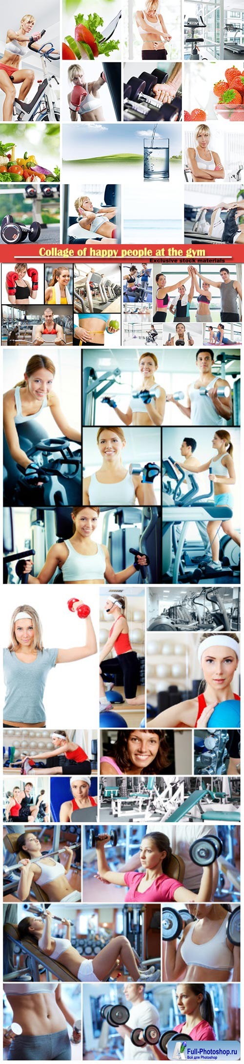 Collage of happy people at the gym working out