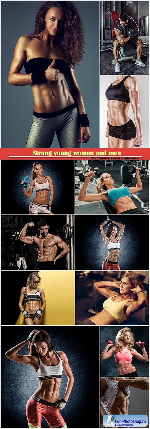 Strong young women and men exercising with dumbbells in gym