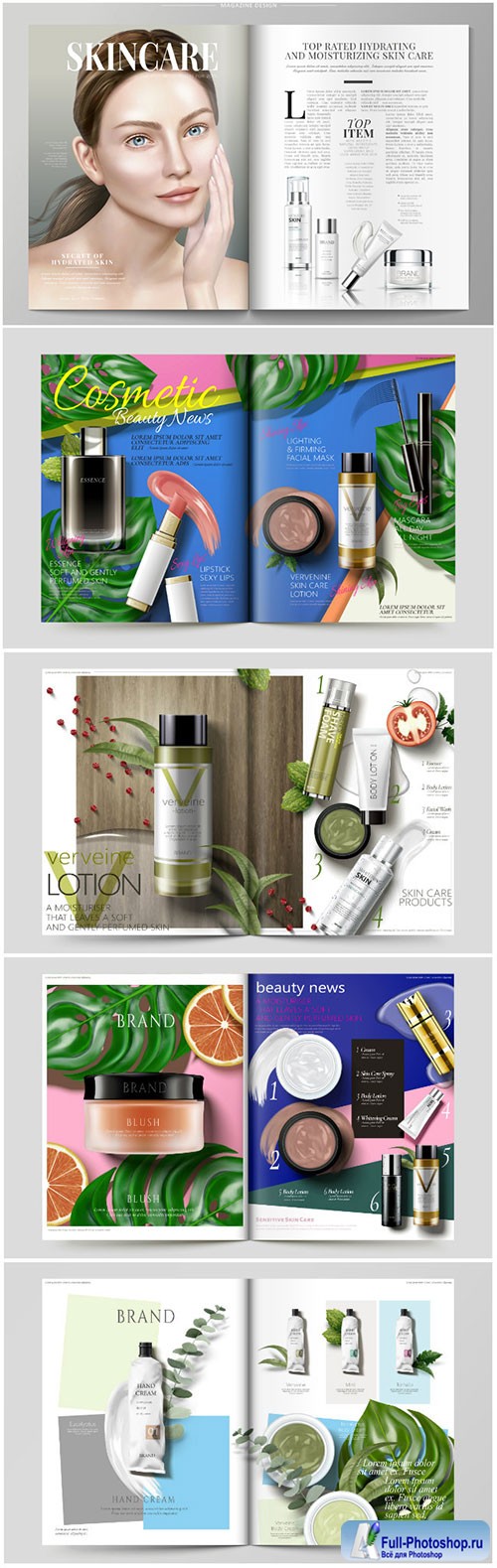 Cosmetic magazine vector template, attractive model with product containers in 3d illustration # 4