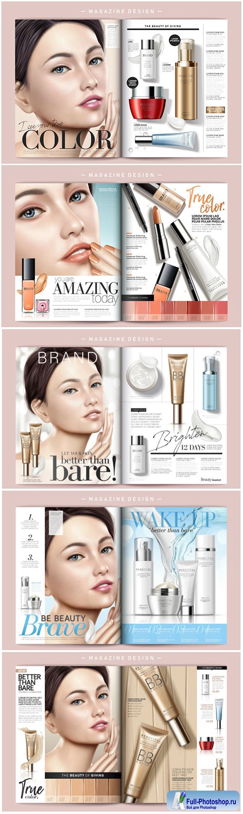 Cosmetic magazine vector template, attractive model with product containers in 3d illustration # 2
