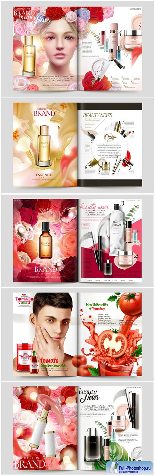 Cosmetic magazine vector template, attractive model with product containers in 3d illustration