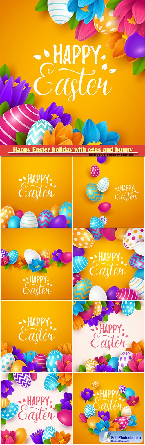 Happy Easter holiday with eggs and bunny, vector illustration # 16