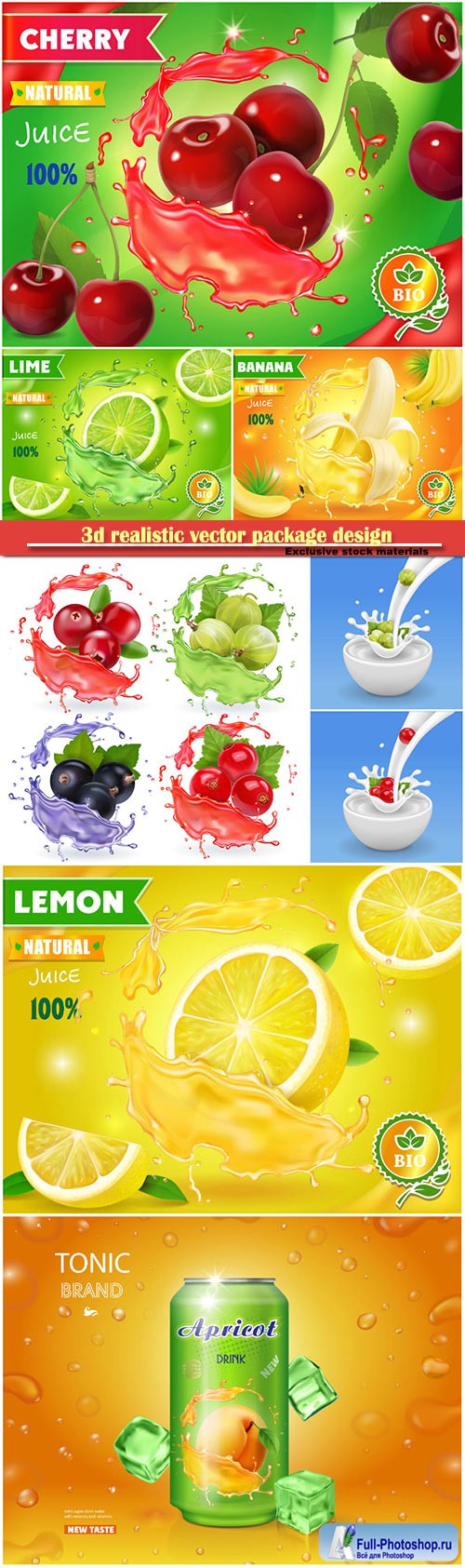 3d realistic vector package design, fresh juice, berries