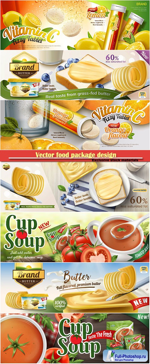 Vector food package design in 3d illustration, bokeh background