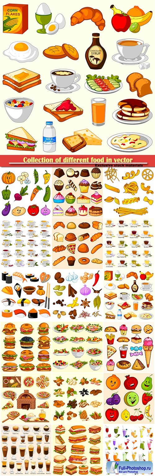 Collection of different food in vector, sweets, drinks, fast food, vegetables, fruits
