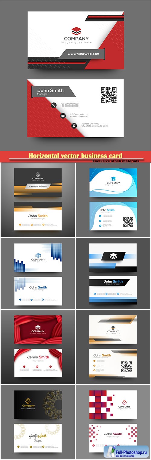 Horizontal vector business card with front and back presentation