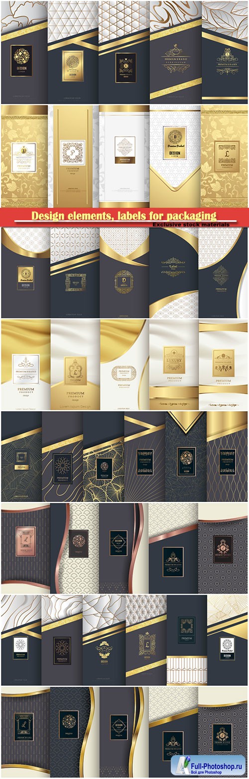 Collection of design elements, labels for packaging, design of luxury products for perfume, soap, wine, lotion