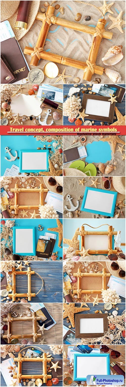 Travel concept, composition of marine symbols and blank photo frame