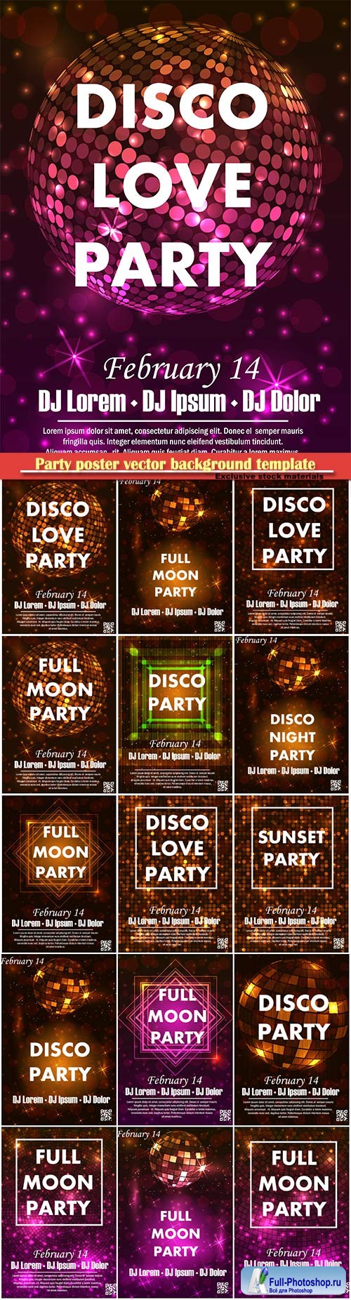 Party poster vector background template with particles and modern geometric shapes