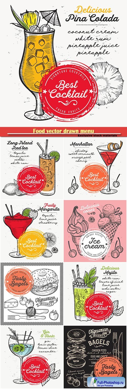 Food vector drawn menu, fast food, sushi, ice cream, cocktails