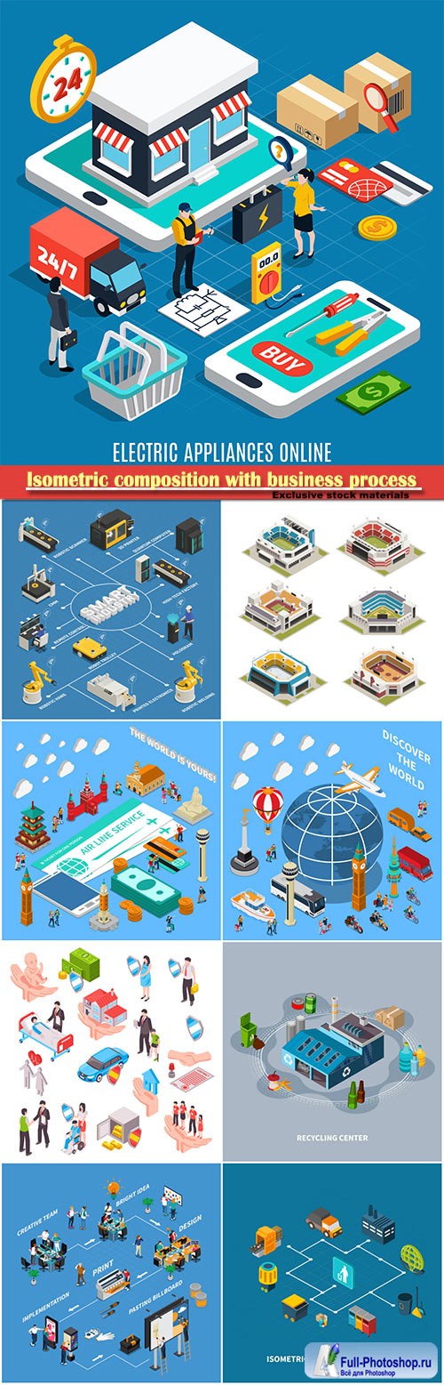 Isometric composition with business process from bright idea to billboard, vector illustration