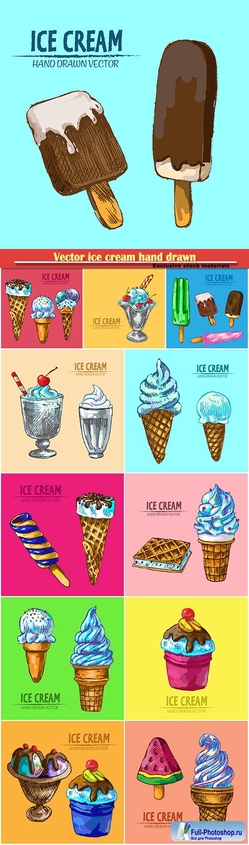 Vector ice cream hand drawn retro illustration collection set