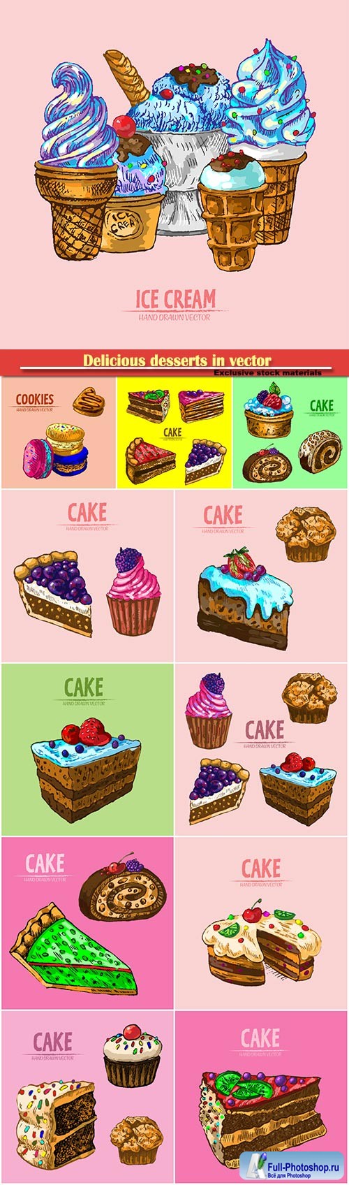 Delicious desserts in vector, cakes and ice cream