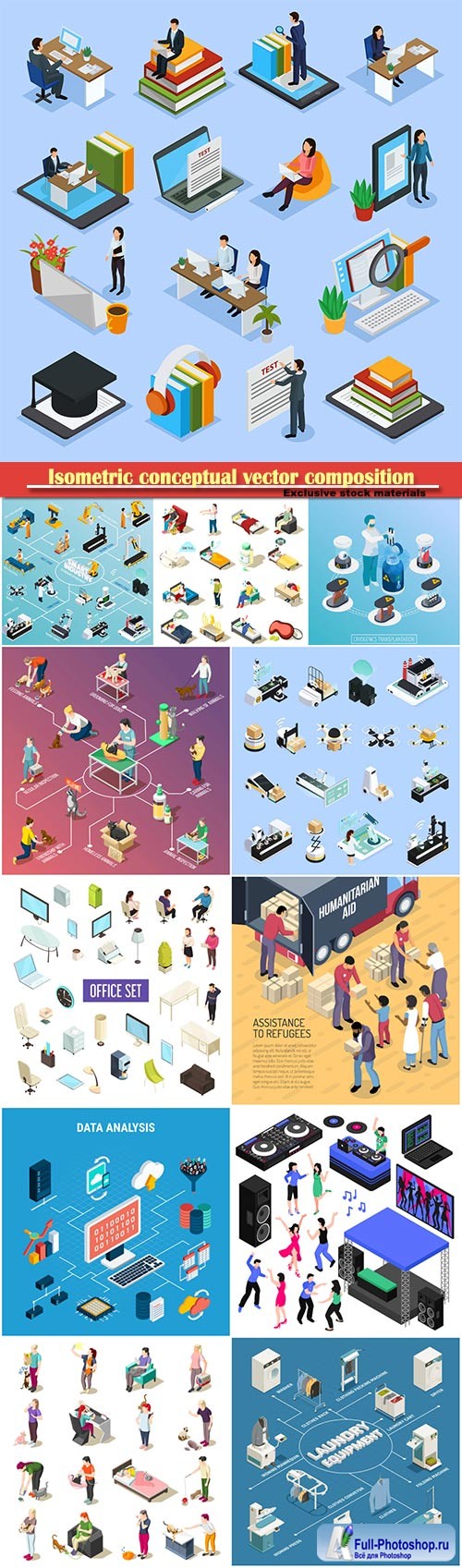 Isometric conceptual vector composition, infographics template, horizontal banners set # 5