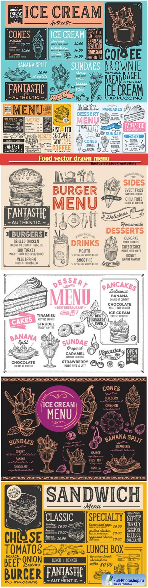 Food vector drawn menu, fast food, ice cream, cocktails, desserts