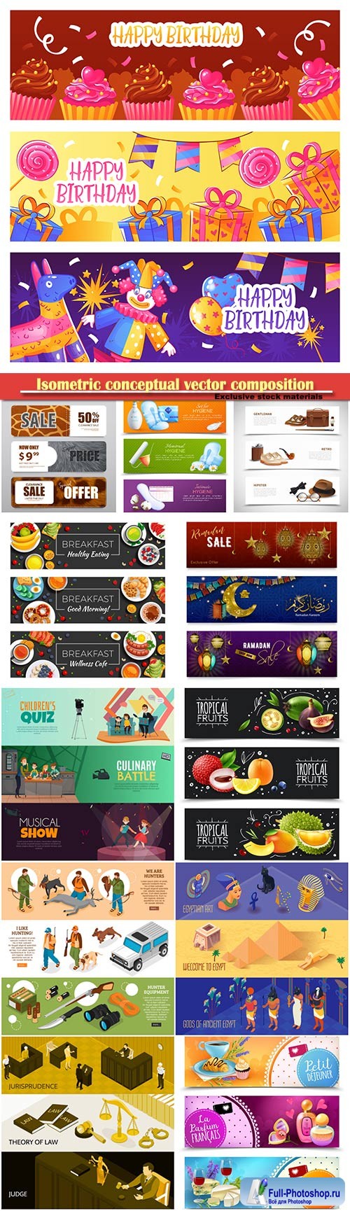 Isometric conceptual vector composition, infographics template, horizontal banners set