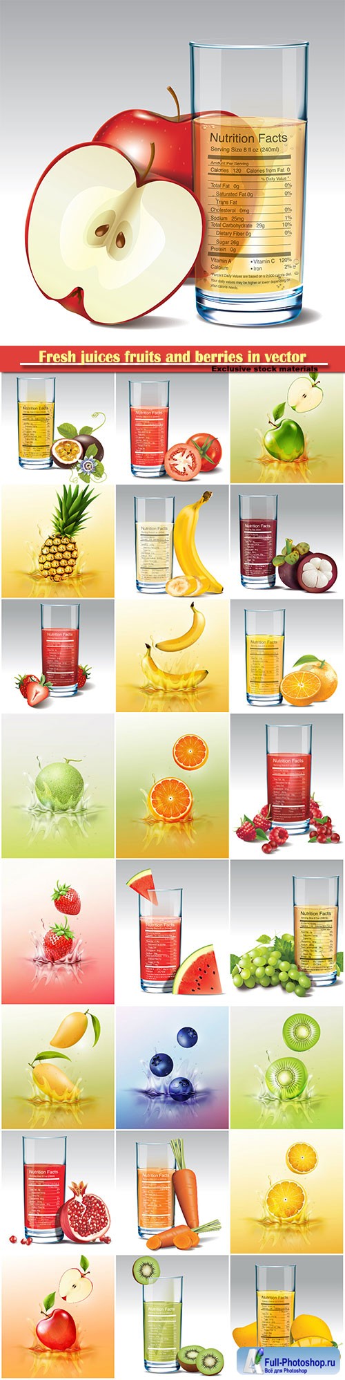Fresh juices fruits and berries in vector