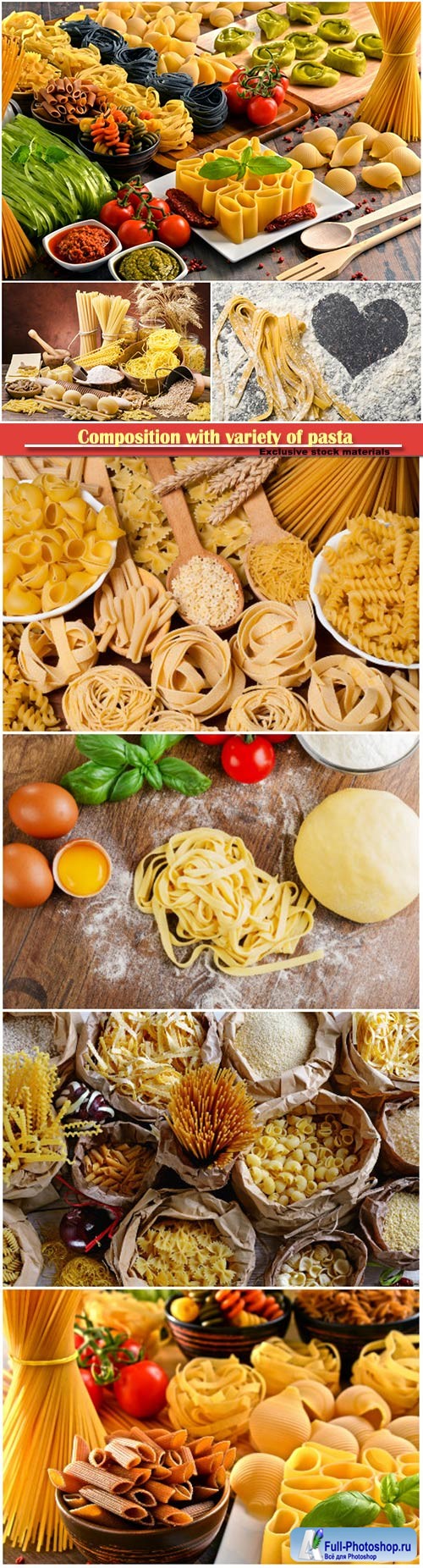 Composition with variety of pasta on kitchen table