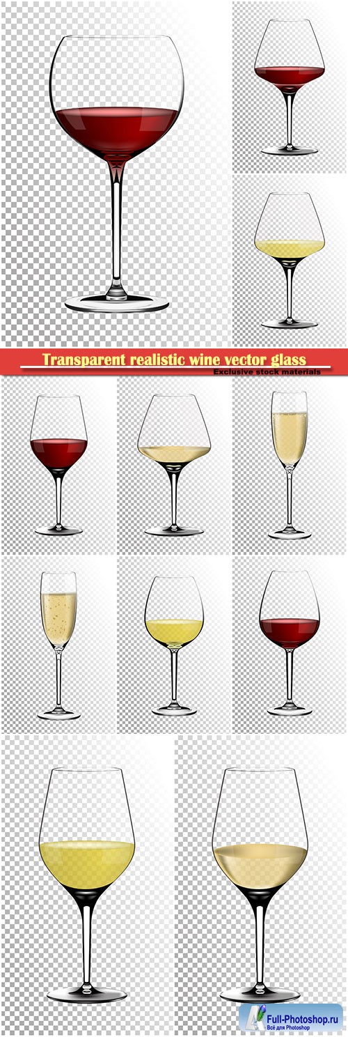 Transparent realistic wine vector glass full of white and red wine