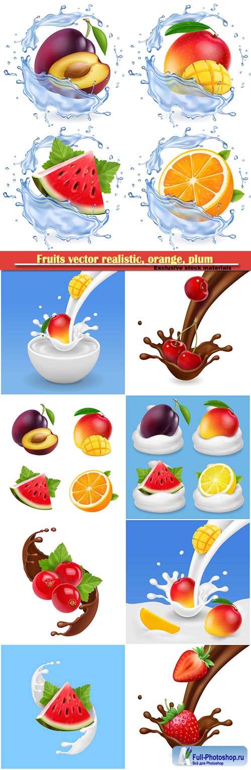 Fruits vector realistic, orange, plum, watermelon and mango set vector illustrations
