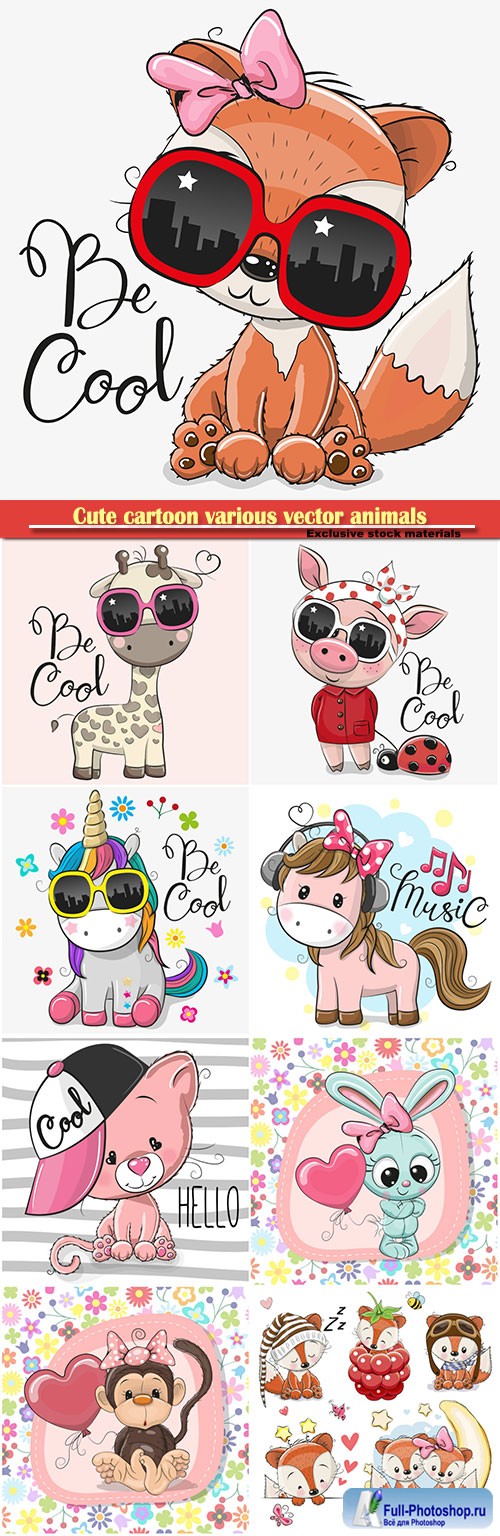 Cute cartoon various vector animals and girls