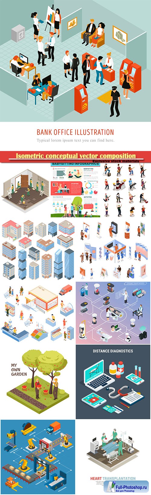 Isometric conceptual vector composition, infographics template set