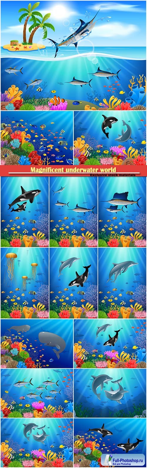 Magnificent underwater world and its inhabitants, vector dolphins, whales, fishes