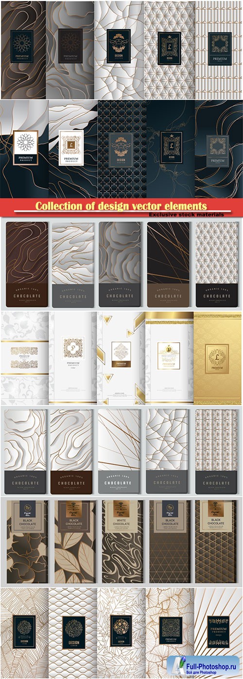 Collection of design vector elements, labels, frames, for packaging, design of luxury products