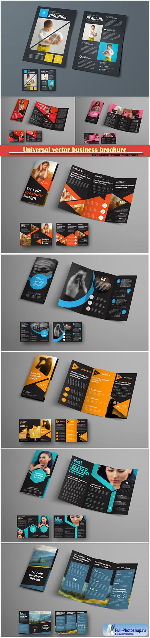 Template of a universal vector business brochure with square and triangular elements and a place for a photo