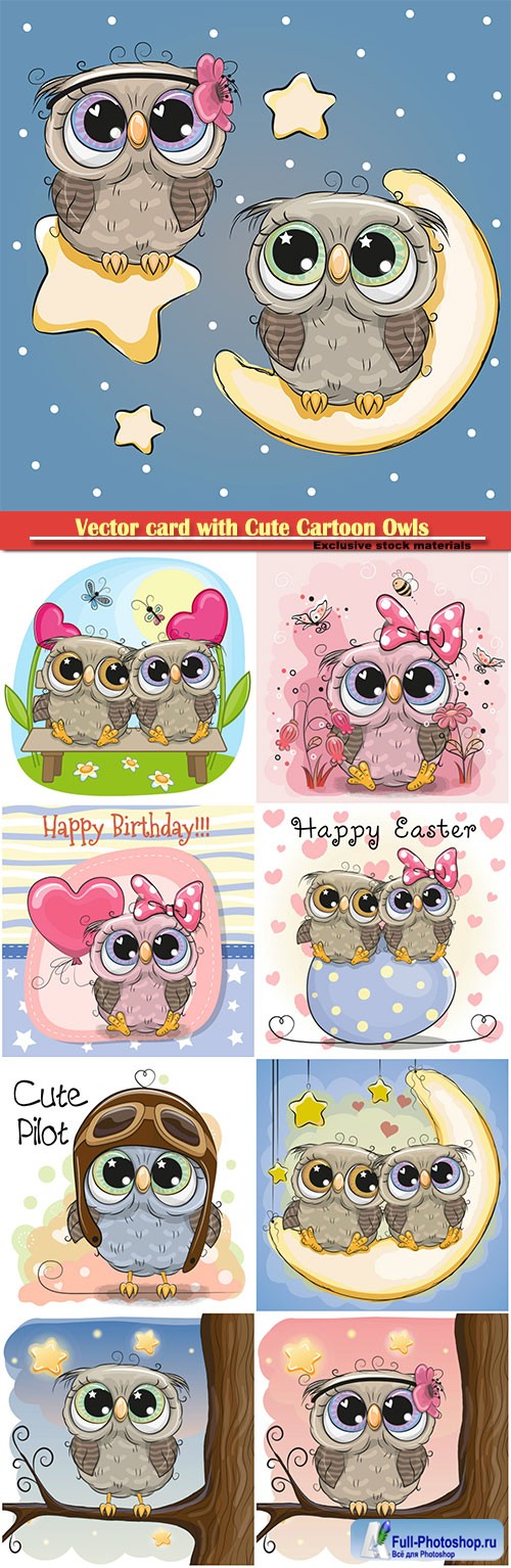 Vector card with Cute Cartoon Owls