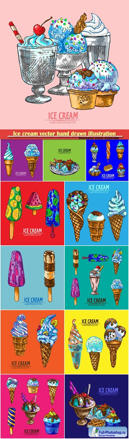Ice cream vector hand drawn retro illustration collection set