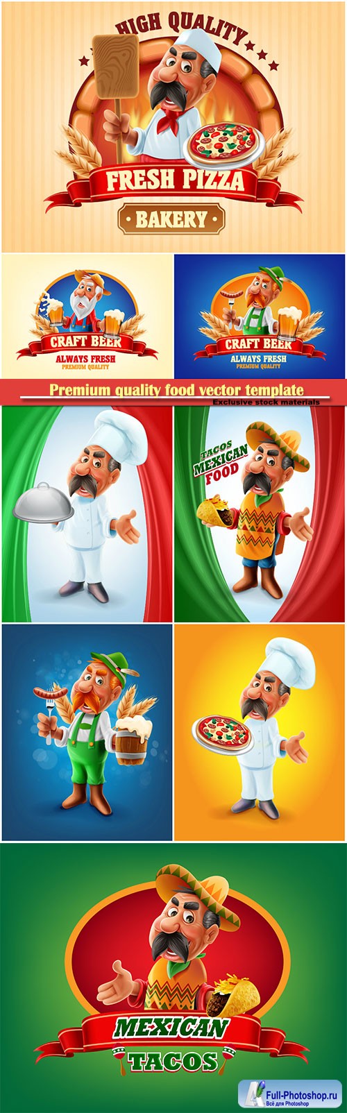 Premium quality food vector template, pizza, beer, Mexican food