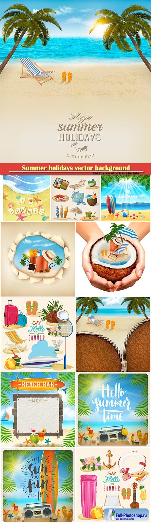 Summer holidays vector background, tropical beach, sea, fresh cocktails, sand # 3