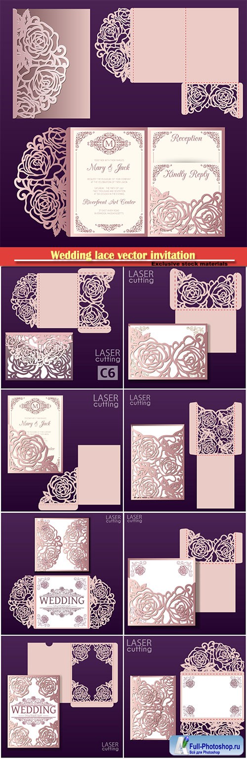 Wedding lace vector invitation mockup, die laser cut envelope template with rose flower