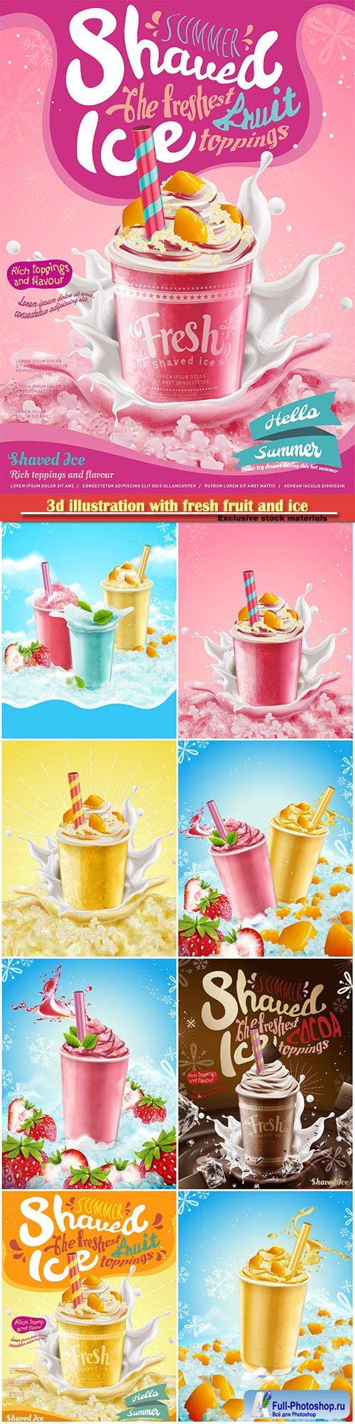 3d illustration with fresh fruit and ice elements, syrup ice shaved ads with creamy topping and splashing