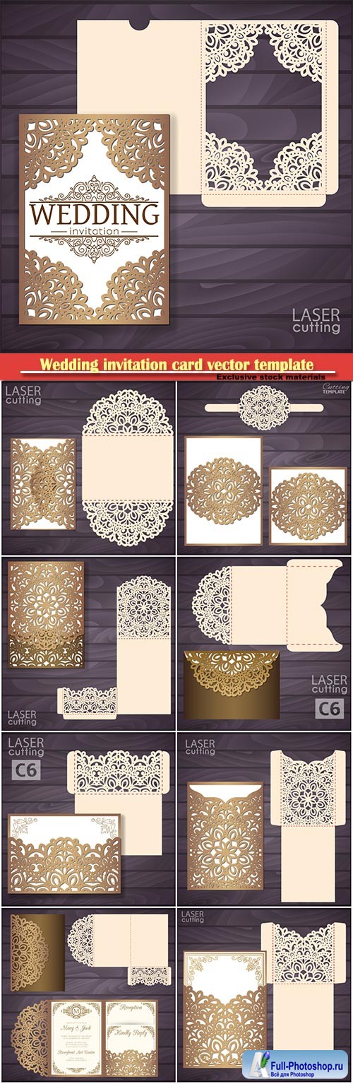 Wedding invitation card vector template, envelope with lace frame