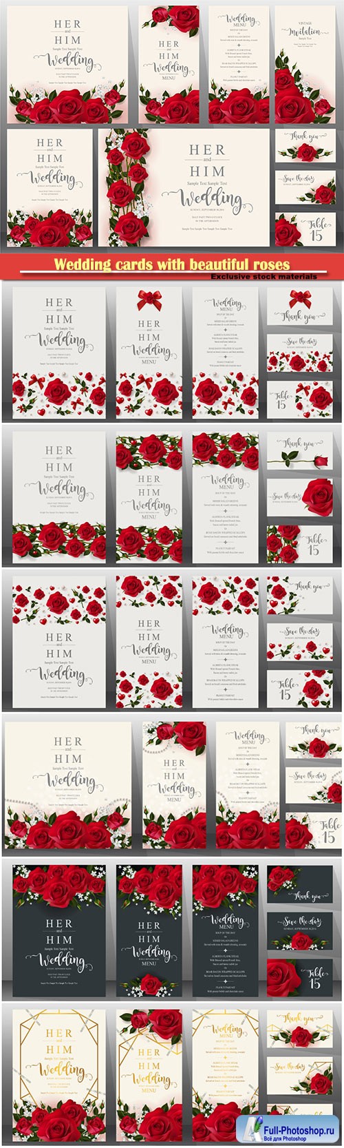 Wedding cards with beautiful roses vector illustration