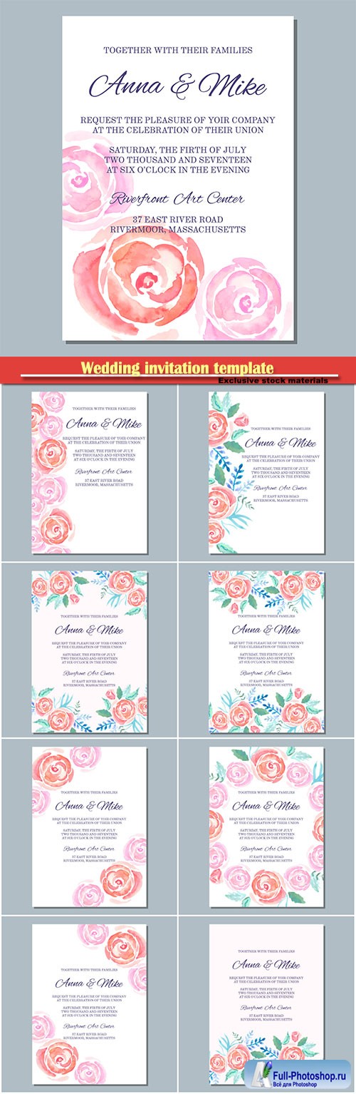 Wedding invitation template with watercolor roses, watercolor gentle background for invitations and greeting cards