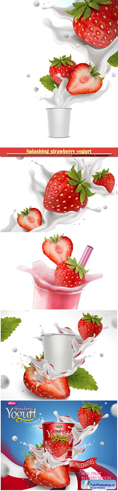 Splashing strawberry yogurt with fresh fruit in 3d illustration
