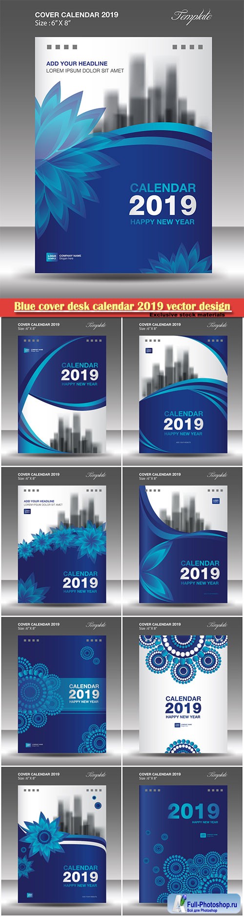 Blue cover desk calendar 2019 vector design template