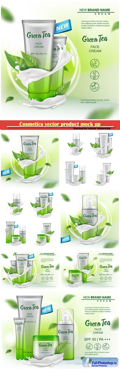 Cosmetics vector product mock up with green tea extract advertising for catalog, magazine, cream, gel, body lotion, spray