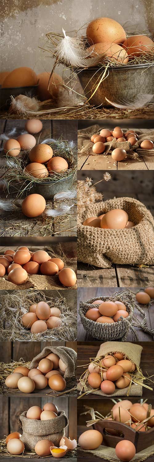 Chicken eggs in basket with straw and sack