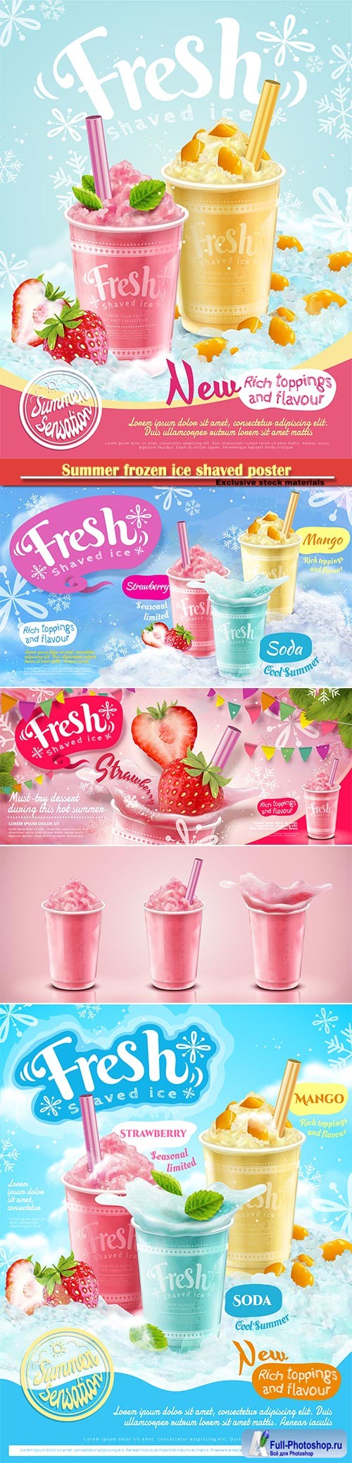Summer frozen ice shaved poster with refreshing fruit and toppings in 3d illustration