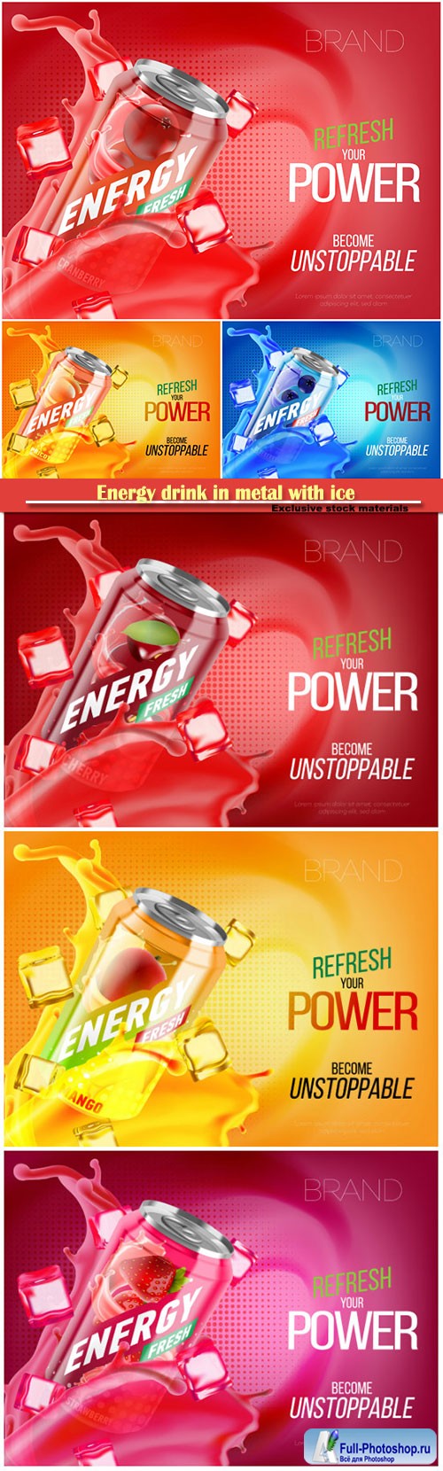 Energy drink in metal with ice and juice splash advertising vector banner