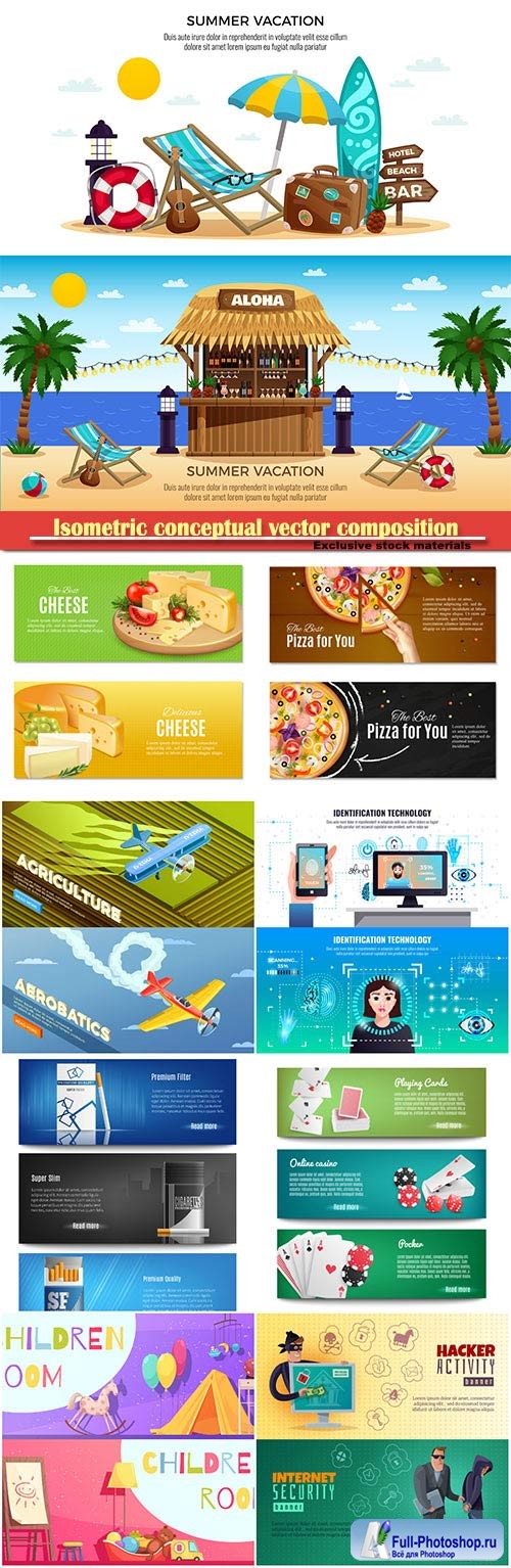 Isometric conceptual vector composition, infographics template, horizontal banners set # 19