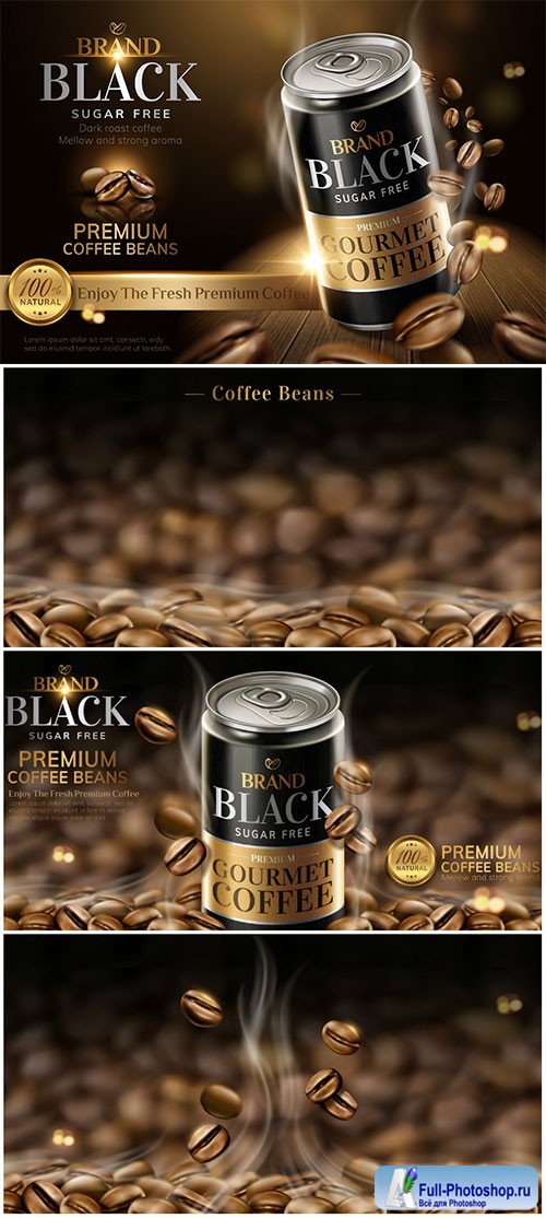 Premium black canned coffee ads with beans background in 3d illustration