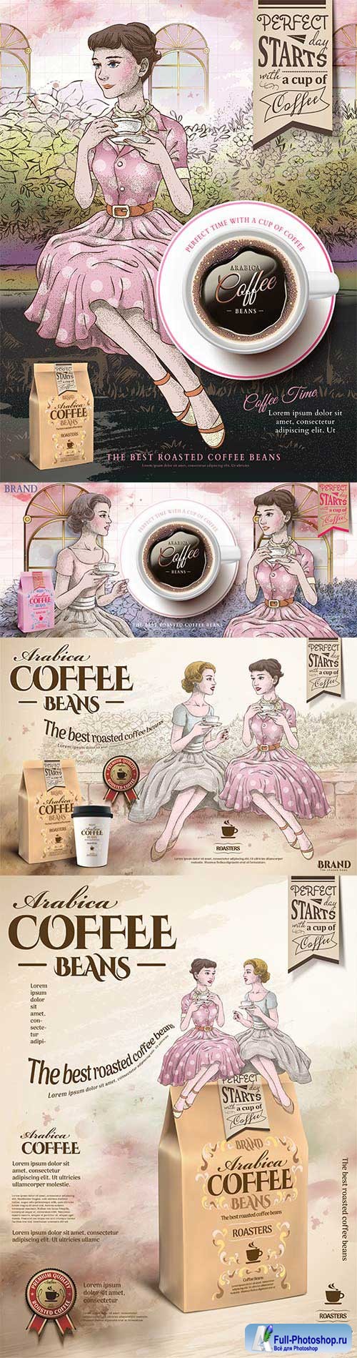 Retro coffee beans ads in 3d vector illustration