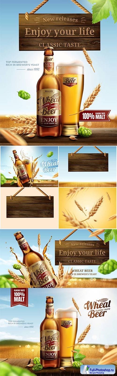 Attractive glass bottle wheat beer in 3d vector illustration